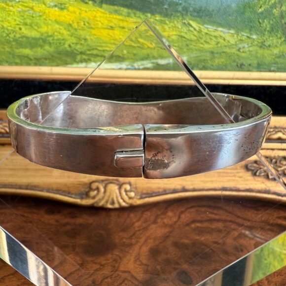 Vintage Mexican Sterling Silver Hinged Clamper Bracelet Azurite & Lapis Inlay 92 - Picture 4 of 12